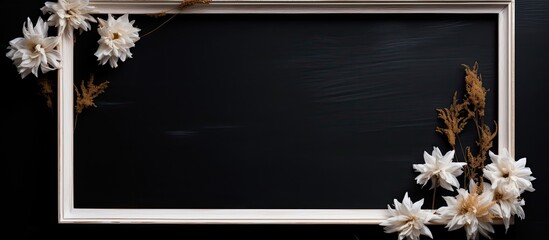 Poster - A white wooden frame with a dried flower against a black textured backdrop creates an elegant copy space image.