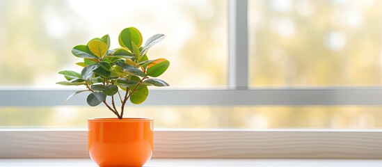 Aufkleber - Indoor orange potted plant on wooden table in a living room with windows and mirror offers a colorful decoration and a suitable background or copy space image.