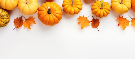 Poster - View autumn's beauty with golden and orange pumpkins on a white surface, perfect as a copy space image, captured from a bird's eye perspective.