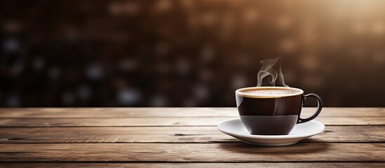 Fototapete - Black coffee in a cup on a wooden table with plenty of space for additional elements in the picture