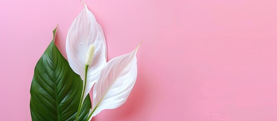 Fototapete - Spathiphyllum or peace lily flower on pink background. Tropical white flower on pink background. with copy space image. Place for adding text or design
