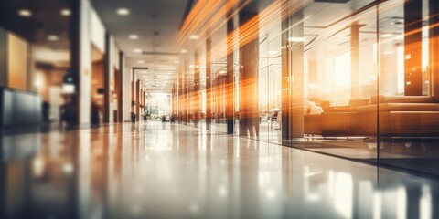 Poster - Modern Office Hallway with Glass Walls and Sunlight Streaks