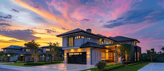 Poster - Beautiful Luxury Home Exterior at Twilight with Colorful Sunset Sky. Copy space image. Place for adding text or design