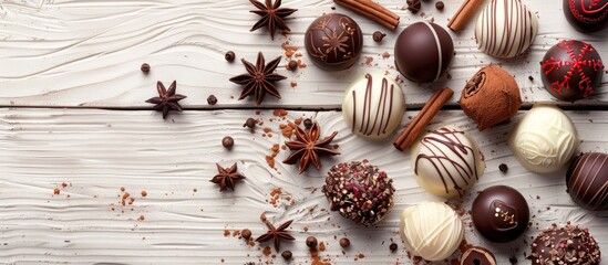 Poster - White wood background with Christmas-themed chocolate truffles and spices, perfect for a festive copy space image.