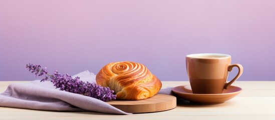 Aufkleber - Coffee cup on a wooden stand beside sweet rolls on a purple napkin. Displayed on a white background with copy space image available.