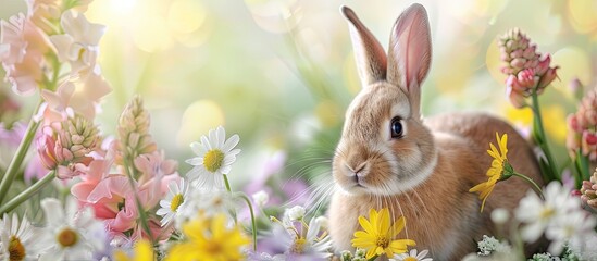 Aufkleber - Close-up concept with Easter rabbit surrounded by fresh flowers, suitable for a copy space image.