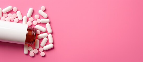 Poster - Various pills, tablets, and a white bottle on a pink background, providing ample copy space for text.