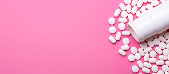 Poster - Various pills, tablets, and a white bottle on a pink background, providing ample copy space for text.