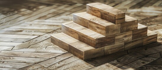 Poster - Wooden blocks stacked as stairs on a table, symbolizing a business's growth process. Ideal for a business success concept with copy space image.