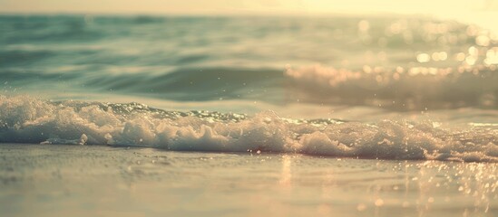 Aufkleber - A blurry tropical beach with sunlit waves creates an abstract background for a summer vacation theme, featuring vintage tones and a relaxing atmosphere with copy space image.