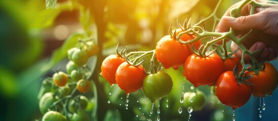 Poster - Selective focus on spraying tomatoes in the garden, creating a natural scene with copy space image.