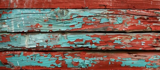 Poster - Aged and weathered paint layers create abstract patterns on a wooden surface in a copy space image.