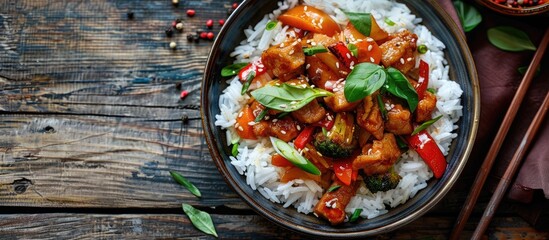 Wall Mural - A traditional Asian dish of spicy pork and vegetables on a bed of rice with copy space image for the recipe.