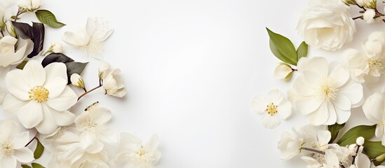 Aufkleber - A creative design featuring white flowers and plants against a blank background for writing purposes. Displayed as a banner with copy space image.