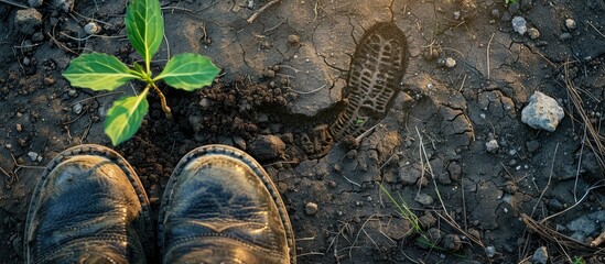 Wall Mural - young green sprout on the ground next to the footprint of a man's shoe, trample the shoots of a plant, the concept of environmental protection, nature, trees, plants, earth day,. Copy space image.