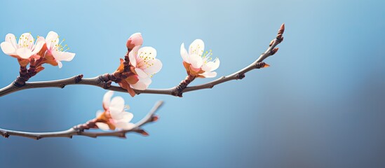 Poster - Almond bud blossoming on twig, beautiful copy space image.