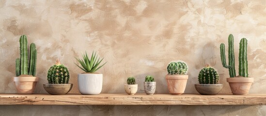 Fototapete - Wooden shelves on top, with cactus background, ideal for product display with copy space image.