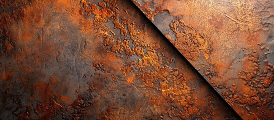 Poster - A rusty metal surface with a diagonal border line divides the image into two parts, providing a textured background with copy space image.