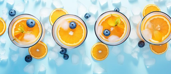 Aufkleber - Top-down view of frozen glasses filled with a rejuvenating beverage made with natural ice, blueberries, and orange slices against a bright backdrop, allowing room for additional content in the image.