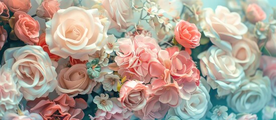 Poster - beautiful artificial flowers background, vintage style; pastel background. with copy space image. Place for adding text or design