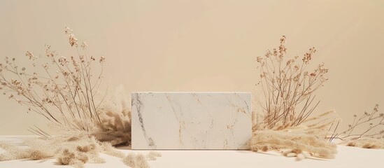 Mockup of beauty and fashion concept with a white marble podium surrounded by dried natural elements on a beige background, top view with copy space image.