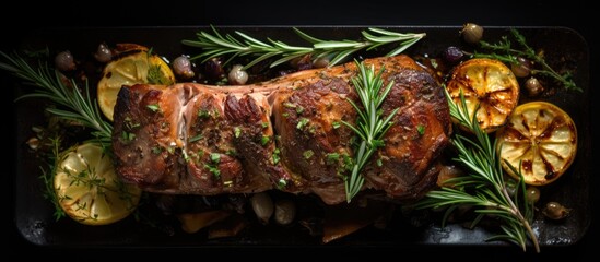 Fototapete - Top view of a whole leg of oven-roasted lamb mutton seasoned with thyme on a black background, with ample copy space image.