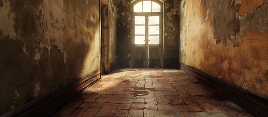 Poster - Empty corridor with a terracotta floor and a window, devoid of occupants. with copy space image. Place for adding text or design