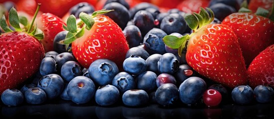 Wall Mural - Close-up of blueberries and strawberries in a harvest scene with copy space image.