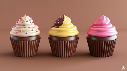 Wall Mural - Colorful assortment of three decorated cupcakes with various frosting and toppings, set against a light brown background.