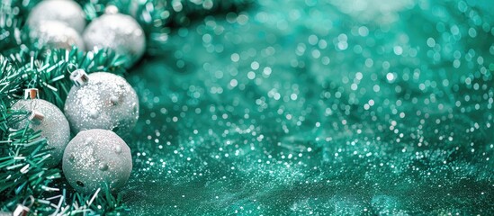 Poster - Festive winter decor with shiny glitter balls and fluffy white tinsel, perfect for the holiday season and New Year. Green background with copy space image.