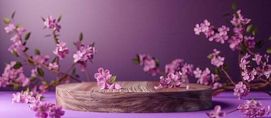 Front view of a wooden podium on a purple background, adorned with flowers. Includes copy space image.