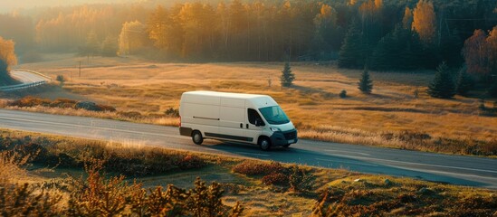 Poster - delivery van on a road during delivery. Copy space image. Place for adding text or design