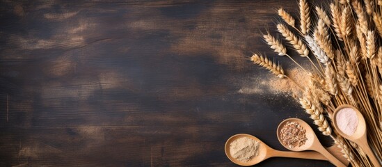 Aufkleber - Wooden spoons and a cutting board placed on a table with scattered flakes and wheat, providing a rustic arrangement with copy space image.