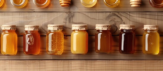 Aufkleber - Top view of jars displaying various types of honey on a wooden surface, creating a mockup design with copy space image.