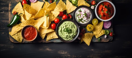 Poster - Top-down view of Mexican nachos with dips like guacamole and sour cream on a stone surface with room for a copy space image.