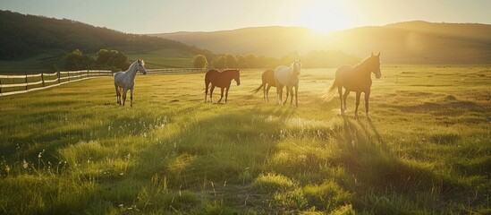 Poster - Summertime view of horses in a field with copy space image.