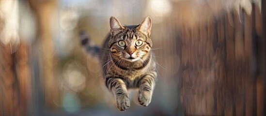 Poster - funny cat flying. photo of a playful tabby cat jumping mid-air looking at camera. background with copy space. Copy space image. Place for adding text or design