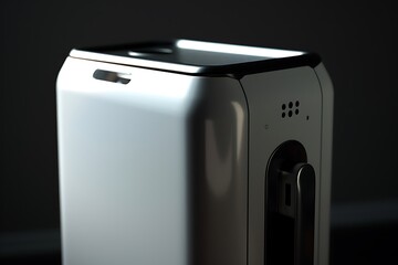 portable oxygen concentrator, minimalist aesthetic, close-up, photorealistic, dramatic lighting