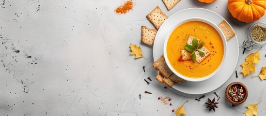 Aufkleber - White plate with autumn pumpkin soup, rye crackers, and spices on gray background in horizontal view, leaving open space for a picture or text. with copy space image. Place for adding text or design
