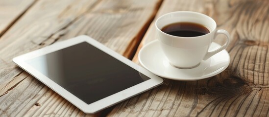 Poster - Office desk with a tablet PC placed next to a white coffee cup, showing an empty space for an image. with copy space image. Place for adding text or design