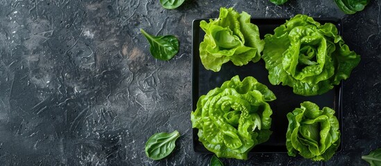 Aufkleber - Different types of lettuce slices displayed on a square plate against a black background with a spacious area for additional imagery.