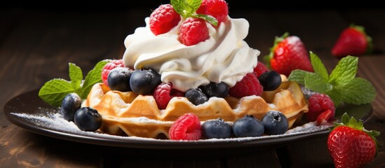 Poster - Delicious waffles topped with fresh berries and cream, ideal for any breakfast or brunch menu, creating an appetizing copy space image.