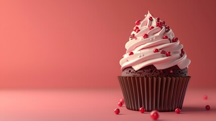 Wall Mural - Delicious chocolate cupcake with pink frosting and red sprinkles, isolated on a pink background, perfect for dessert themes.