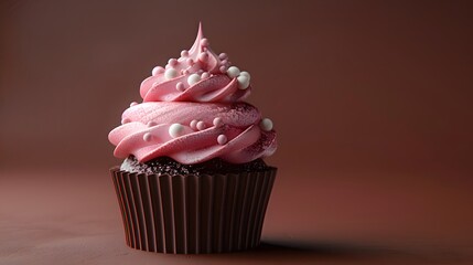 Wall Mural - Delicious chocolate cupcake with pink frosting and sprinkles, perfect for celebrations or dessert lovers, on a brown background.