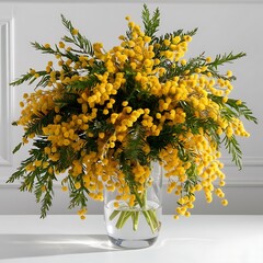 Wall Mural - Mimosa in glass vase on white background top view