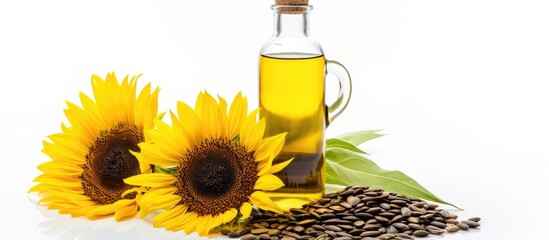 Wall Mural - Isolated on a white background, a bottle of sunflower seed oil with copy space image.
