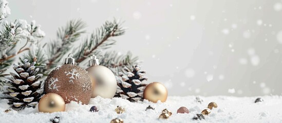 Poster - Christmas decorations like pine cones, baubles, and tree branches on snow against a white backdrop with a copy space image.