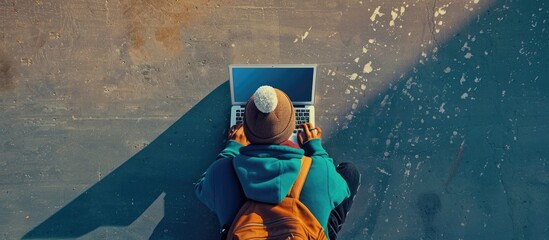 Poster - A person using a laptop computer is seen from a bird's-eye view in the copy space image.