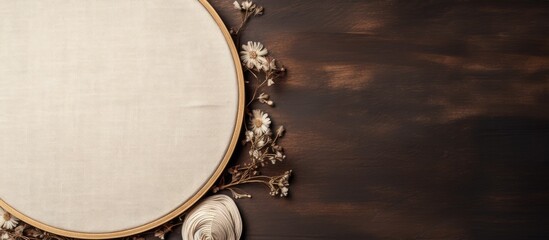 Aufkleber - Indoor hobby concept with embroidery accessories like linen cloth in hoop, scissors, floss, and fabric on a wooden backdrop with copy space image.