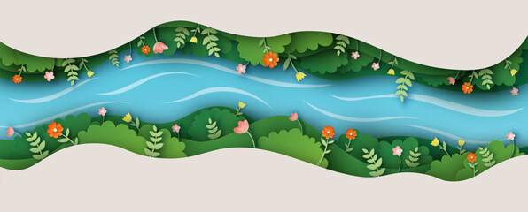 paper layer cut of top view environment in spring forest with flower, trees, river, and narrow valle